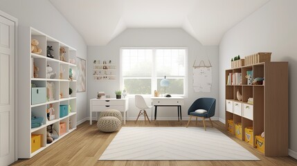  A modern and spacious playroom with plenty of storage, fun decor, and plenty of natural light. generative ai