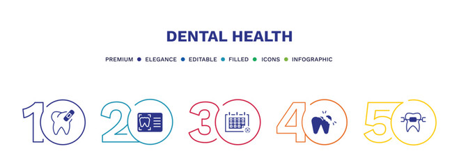 Fototapeta premium set of dental health filled icons. dental health filled icons with infographic template. flat icons such as damaged tooth, dental monitor, medical appointment, broken tooth, brackets vector.