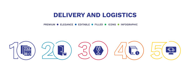 set of delivery and logistics filled icons. delivery and logistics filled icons with infographic template. flat icons such as tax free, delivery to the door, fragile, time, monitor vector.