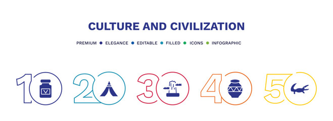 Fototapeta na wymiar set of culture and civilization filled icons. culture and civilization filled icons with infographic template. flat icons such as vegemite, native american wigwam, pico cao, native american pot,