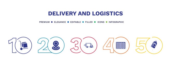set of delivery and logistics filled icons. delivery and logistics filled icons with infographic template. flat icons such as freight, tracking, express delivery, bar code, tag vector.