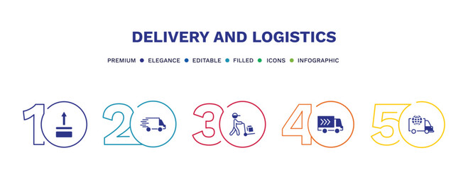 set of delivery and logistics filled icons. delivery and logistics filled icons with infographic template. flat icons such as side up, delivery, man, truck, logistic vector.