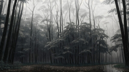 misty morning in the forest with many thin trees Generative AI