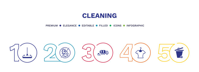 set of cleaning filled icons. cleaning filled icons with infographic template. flat icons such as wiping vacuum tool, virus cleanin, garbage truck cleanin, dress cleanin, trash vector.