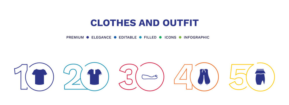 set of clothes and outfit filled icons. clothes and outfit filled icons with infographic template. flat icons such as cotton polo shirt, henley shirt, flat shoes, harem pants, peplum skirt vector.