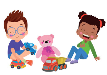 A boy and girl playing with toys and a teddy bear.