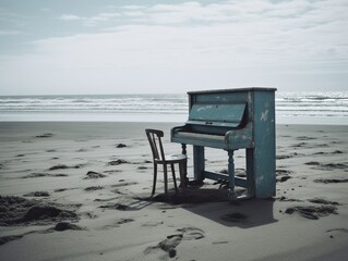 Moody Minimalist Aesthetic Landscape with Blue Vintage Piano on the Beach. Seaside Empty Background with Old Grand Piano. Ai Generated