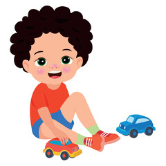 Little boy playing with a toy car on a white background