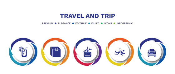 set of travel and trip filled icons. travel and trip filled icons with infographic template. flat icons such as lemonade, packing, cable car, scuba diving, bellhop vector.