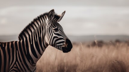 Fototapeta na wymiar A powerful portrait of a zebra, with bold stripes and a sense of strength against a muted savannah landscape. generative ai