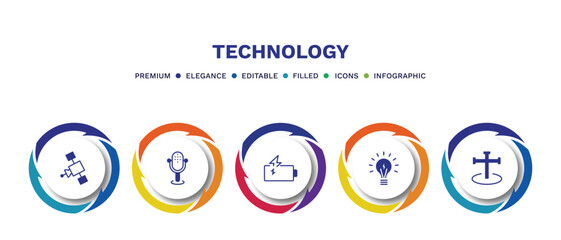 set of technology filled icons. technology filled icons with infographic template. flat icons such as satellite in orbit, big microphone, battery power, light on, cross stuck in ground vector.