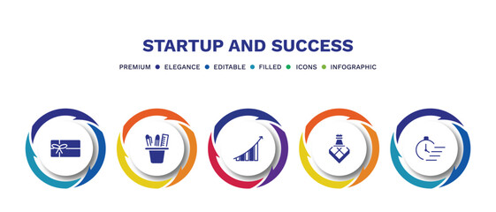 set of startup and success filled icons. startup and success filled icons with infographic template. flat icons such as gift voucher, stationery, grow, strategy game, quick vector.