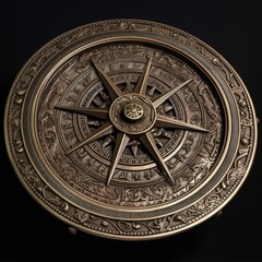 Fototapeta na wymiar A realistic, tarnished bronze compass with intricate engravings on a black background, highlighting its antique charm and navigational prowess. generative ai