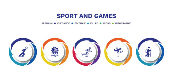 set of sport and games filled icons. sport and games filled icons with infographic template. flat icons such as skating, third, ice skating man, taekwondo, trekking vector.