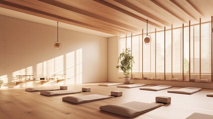  A serene and calming yoga studio with natural wood accents, soft lighting, and a minimalist design. generative ai