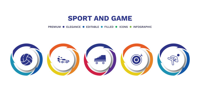 set of sport and game filled icons. sport and game filled icons with infographic template. flat icons such as volleyball ball, drift car, roller skate, bullseye, karate fighter vector.