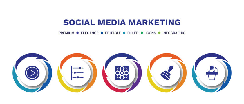 set of social media marketing filled icons. social media marketing filled icons with infographic template. flat icons such as video player, timeline, photos, stamps, seminar vector.