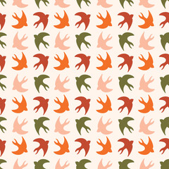 Colorful birds in simple flat shapes seamless pattern. Retro style background with Scandinavian influence.