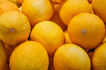 Melons yellow, whole in bulk, on supermarket, selective focus