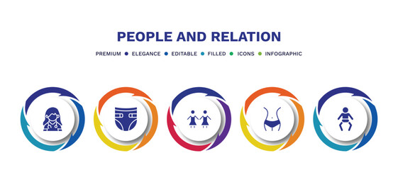 set of people and relation filled icons. people and relation filled icons with infographic template. flat icons such as female doctor, baby diaper, no racism, hips, baby with diaper vector.