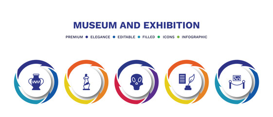 set of museum and exhibition filled icons. museum and exhibition filled icons with infographic template. flat icons such as porcelain, venus de milo, remains, poetry, painting vector.
