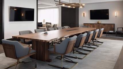  A sleek and modern conference room with a statement table, comfortable seating, and state - of - the - art audiovisual equipment. generative ai