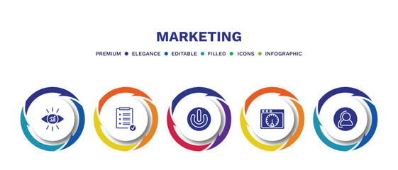 set of marketing filled icons. marketing filled icons with infographic template. flat icons such as business eye, result, on, velocity test, consumer vector.