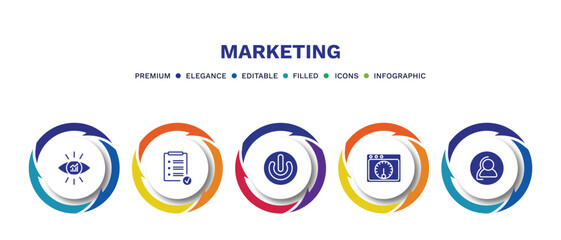 Fototapeta premium set of marketing filled icons. marketing filled icons with infographic template. flat icons such as business eye, result, on, velocity test, consumer vector.