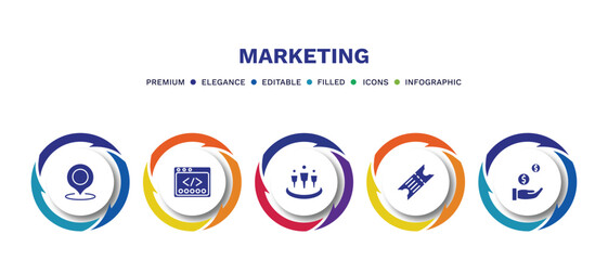 Fototapeta premium set of marketing filled icons. marketing filled icons with infographic template. flat icons such as place, webcode, affiliate, eticket, buying vector.