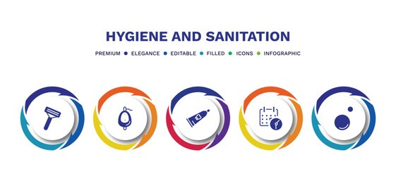 set of hygiene and sanitation filled icons. hygiene and sanitation filled icons with infographic template. flat icons such as shaving razor, urinal, tooth paste, appointment book, bubble vector. - obrazy, fototapety, plakaty