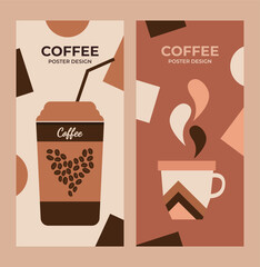 Vector drawing of a cup of coffee, coffee tones. Template for poster, banner, card, coffee design. Design elements.