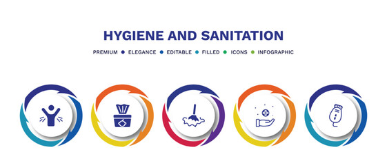 set of hygiene and sanitation filled icons. hygiene and sanitation filled icons with infographic template. flat icons such as body odour, baby wipe, wet cleaning, sanitary, epilator vector.