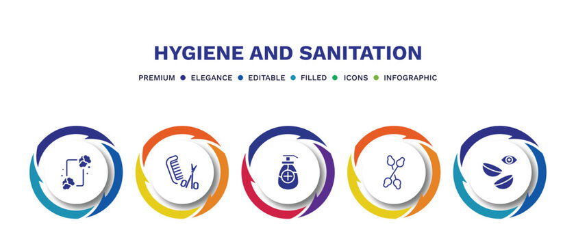 set of hygiene and sanitation filled icons. hygiene and sanitation filled icons with infographic template. flat icons such as lather, grooming, antiseptic, cotton swabs, lens vector.
