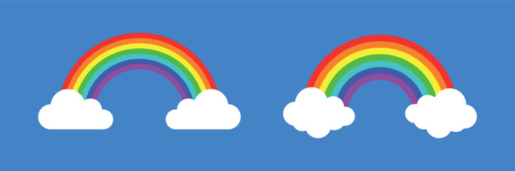 Flat set rainbow and clouds on blue background. Vector