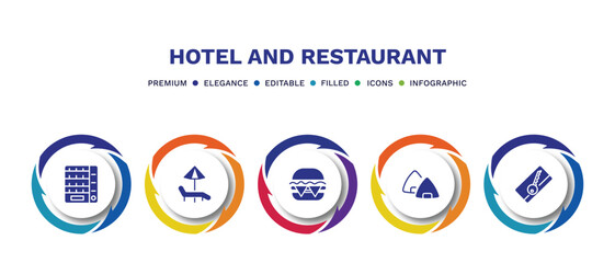 set of hotel and restaurant filled icons. hotel and restaurant filled icons with infographic template. flat icons such as vending hine, hammock, cheese burger, onigiri, key card vector.