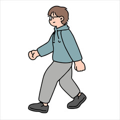 An illustration shows characters of people walking down the street. Young man are depicted in a side view, walking while isolated on a white background.