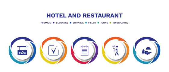 set of hotel and restaurant filled icons. hotel and restaurant filled icons with infographic template. flat icons such as hotel, check in, agenda, servant, room service vector.