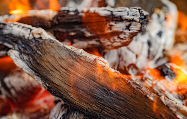 Wood burning in the barbecue, embers smoldering, selective focus