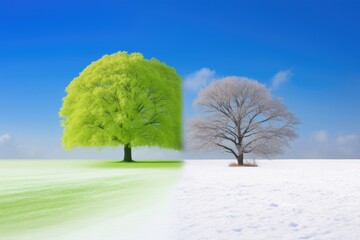 two trees standing in a snow-covered field. Generative AI Generative AI