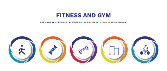 set of fitness and gym filled icons. fitness and gym filled icons with infographic template. flat icons such as stretching leg exercise, energy snack, resistance, horizontal bar, riding bicycle