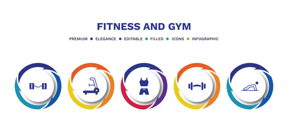 set of fitness and gym filled icons. fitness and gym filled icons with infographic template. flat icons such as lifting barbell, rowing hine, sport wear, barbell weightlifting, pushups exercises