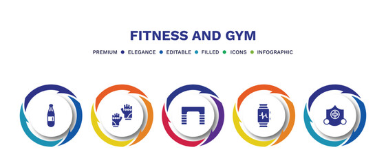 set of fitness and gym filled icons. fitness and gym filled icons with infographic template. flat icons such as boxing bag, fitness gloves, step, watch, elevation mask vector.