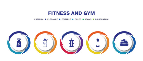 set of fitness and gym filled icons. fitness and gym filled icons with infographic template. flat icons such as phytonutrients, fitness drink, isotonic, standing punching ball, bosu ball vector.