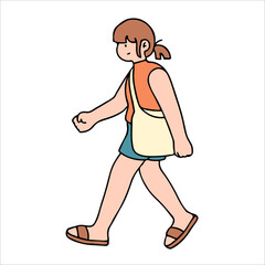 An illustration shows characters of people walking down the street. Young woman are depicted in a side view, walking while isolated on a white background.