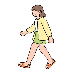 Obraz premium An illustration shows characters of people walking down the street. Young woman are depicted in a side view, walking while isolated on a white background.