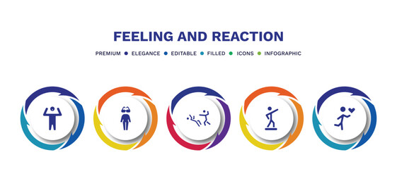 set of feeling and reaction filled icons. feeling and reaction filled icons with infographic template. flat icons such as amazed human, cool human, helpless human, blessed loved vector.
