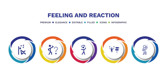 set of feeling and reaction filled icons. feeling and reaction filled icons with infographic template. flat icons such as sleepy human, curious human, irritated human, lost bad vector.