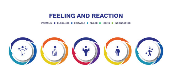 set of feeling and reaction filled icons. feeling and reaction filled icons with infographic template. flat icons such as fresh human, hurt human, fantastic human, free cold vector.