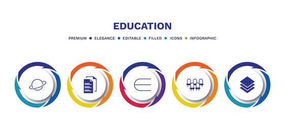 set of education filled icons. education filled icons with infographic template. flat icons such as planet saturn, folded written paper, is an element of, grandstand, arrange vector.