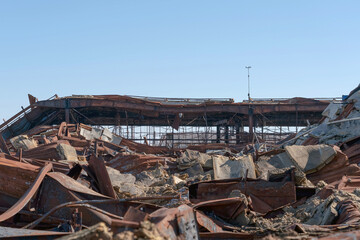 Ruins of a large shopping center. View from the middle. The Russian army destroyed a hypermarket in the city of Chernihiv.
